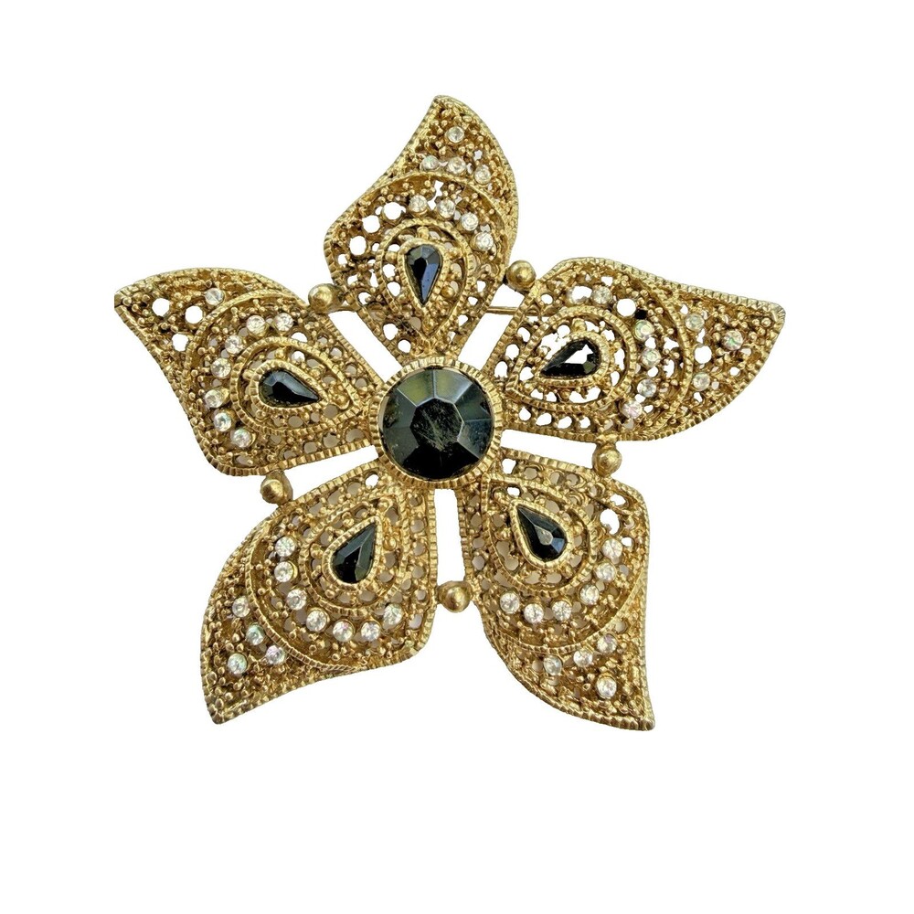 Vintage Gold Filigree Statement Floral Brooch Black Rhinestone Pin 3" 1950's
